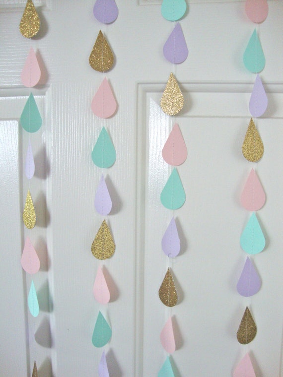 Gold Pink Mint and Lavender Sprinkle Garland, Neutral Baby Sprinkle Garland, Pastel Raindrop Garland, Pastel Baby Shower Decoration Il_570xn