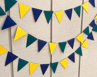 Guirnalda para fiesta de graduación de la UNC Wilmington, banderines triangulares de color azul marino y amarillo, decoración para dormitorio universitario, serpentinas para fiesta en la cama, telón de fondo para fiesta de la UNCW