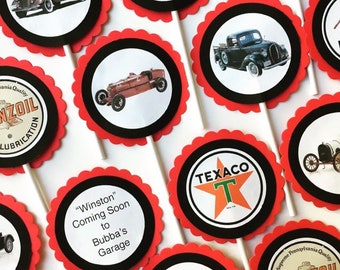 Custom Vintage Car-Themed Cupcake Toppers or Tags for Birthdays, Retirement, Baby Showers, etc.