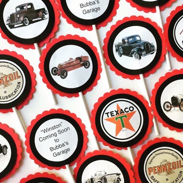 Custom Vintage Car-Themed Cupcake Toppers or Tags for Birthdays, Retirement, Baby Showers, etc.