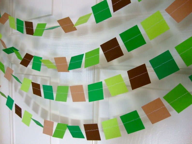 Video Pixel Birthday Decoration Gamer Birthday Party Decor Minecraft-Colored Birthday Garland Green and Brown Square Party Garland