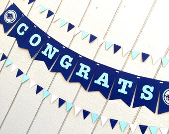University of North Carolina Chapel Hill graduation banner, light blue and navy school colors, Congrats sign, personalized party banner