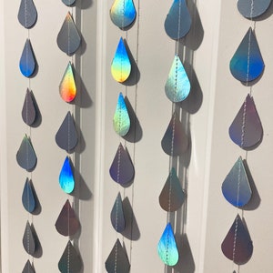 Iridescent Raindrop Garland, Holographic, Baby Sprinkle Decor, Baby Shower Decoration, Gender Reveal Shower, Shimmer Raindrops, Silver Rain image 4