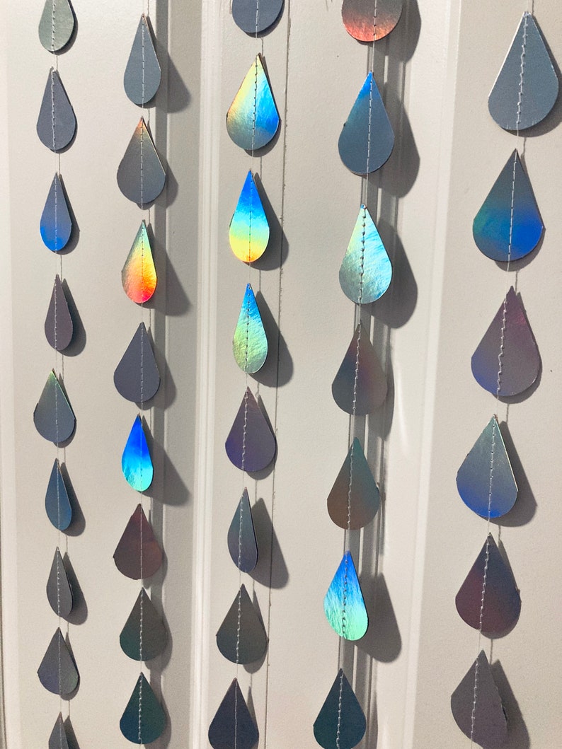 Iridescent Raindrop Garland, Holographic, Baby Sprinkle Decor, Baby Shower Decoration, Gender Reveal Shower, Shimmer Raindrops, Silver Rain image 4