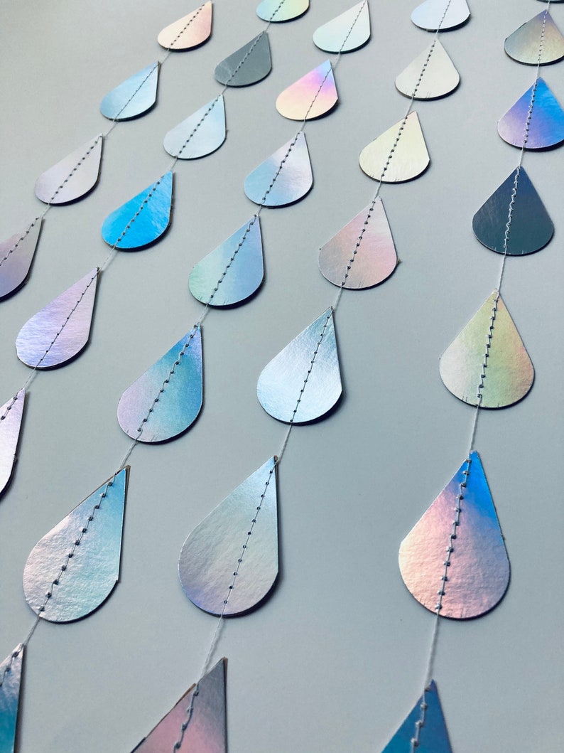 Iridescent Raindrop Garland, Holographic, Baby Sprinkle Decor, Baby Shower Decoration, Gender Reveal Shower, Shimmer Raindrops, Silver Rain image 2