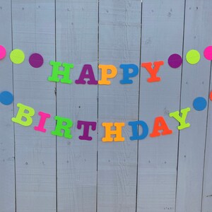 May include: A colorful banner with the words "Happy Birthday" in neon colors. The banner is decorated with circles in various colors, including green, orange, pink, purple, and blue.