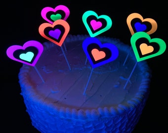 Neon Heart Cake Toppers, Glow in the Dark Hearts, Sweet 16 Glow Party, Cupcake Decor, Black Light Party Supply, 80s Theme, Skate Birthday