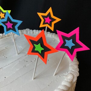 Neon Star Cake Decoration, Glow in the Dark Cake Topper, Glow Party Supply, Cupcake Decor, Black Light Party Supply, UV Reflective Stars image 5