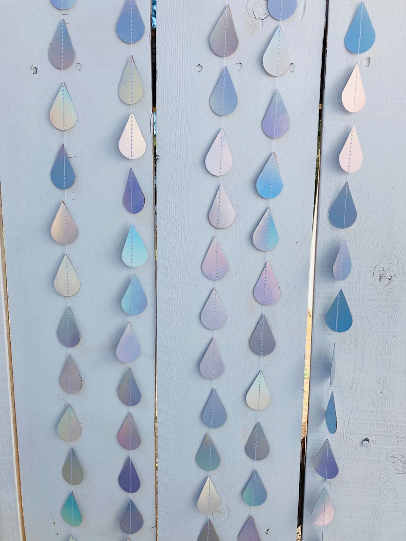 Iridescent Raindrop Garland, Holographic, Baby Sprinkle Decor, Baby Shower Decoration, Gender Reveal Shower, Shimmer Raindrops, Silver Rain image 7