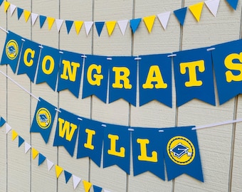 Bannière de remise des diplômes de l'UCLA, bannière de félicitations, décoration de remise des diplômes bleue et jaune, toile de fond de la remise des diplômes, Université de Californie à Los Angeles