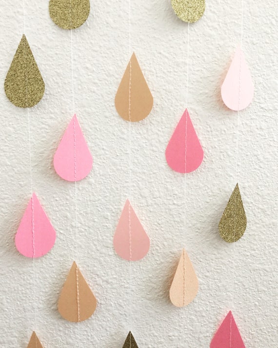 Blush and Gold Raindrop Garland, Peach and Pink Sprinkle Garland, Gold Glitter Raindrop Garland, Girl Baby Sprinkle Decor, Gold Raindrops Il_570xn
