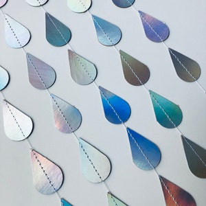 Iridescent Raindrop Garland, Holographic, Baby Sprinkle Decor, Baby Shower Decoration, Gender Reveal Shower, Shimmer Raindrops, Silver Rain image 1