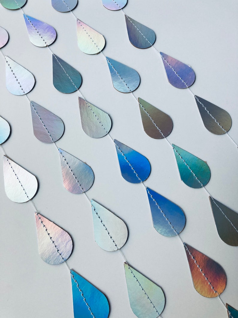 Iridescent Raindrop Garland, Holographic, Baby Sprinkle Decor, Baby Shower Decoration, Gender Reveal Shower, Shimmer Raindrops, Silver Rain image 1