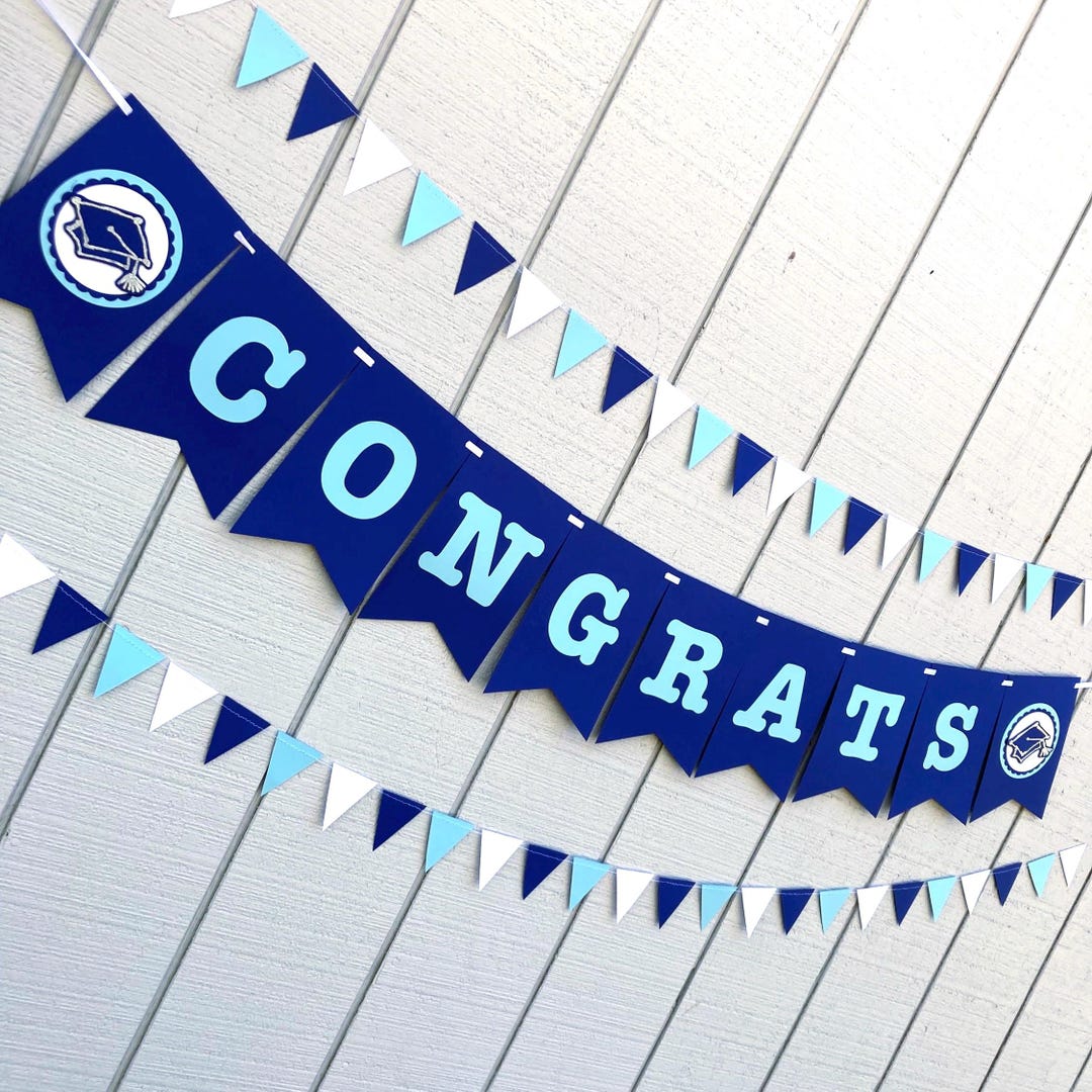 Striscione 'Congrats' Blu E Nero Per Feste Di Laurea | Con Nappe E Cappelli Decorativi - Foto 3