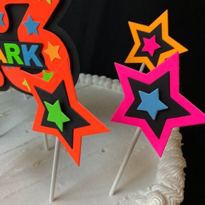 Neon Star Cake Decoration, Glow in the Dark Cake Topper, Glow Party Supply, Cupcake Decor, Black Light Party Supply, UV Reflective Stars image 10