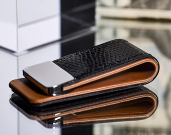 Pince à billets en cuir avec acier inoxydable – pince à billets minimaliste pour homme – alternative fine au portefeuille – cadeau pour petit ami, père, mari