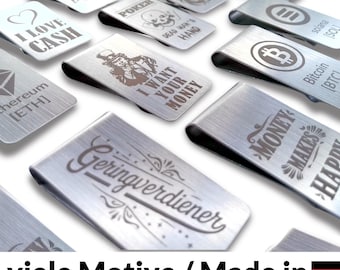 Elegante Geldklammer aus Edelstahl mit Lasergravur, edler Money Clip – Geschenk für Männer, viele verschiedene Laser Gravierte Motive