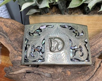 Silver Rectangular Belt Buckle with Cactus Design Mexican Mother Of Pearl In Lay The  main image 4