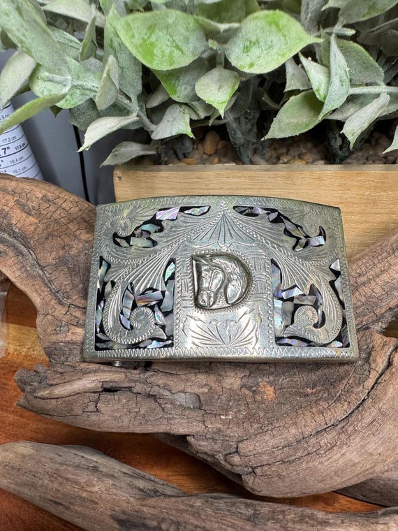 Wooden abalone inlay horse belt German Silver & Gold Abalone Horse Head Belt Buckle FR-707  main image 2