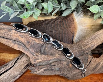 Vintage Sterling Silver Onyx Bracelet: Multi Stone Thailand
