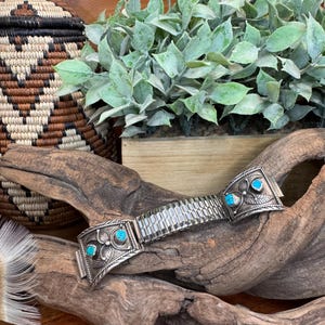 Old Navajo, Sterling and turquoise stone watch tips with stretchy band