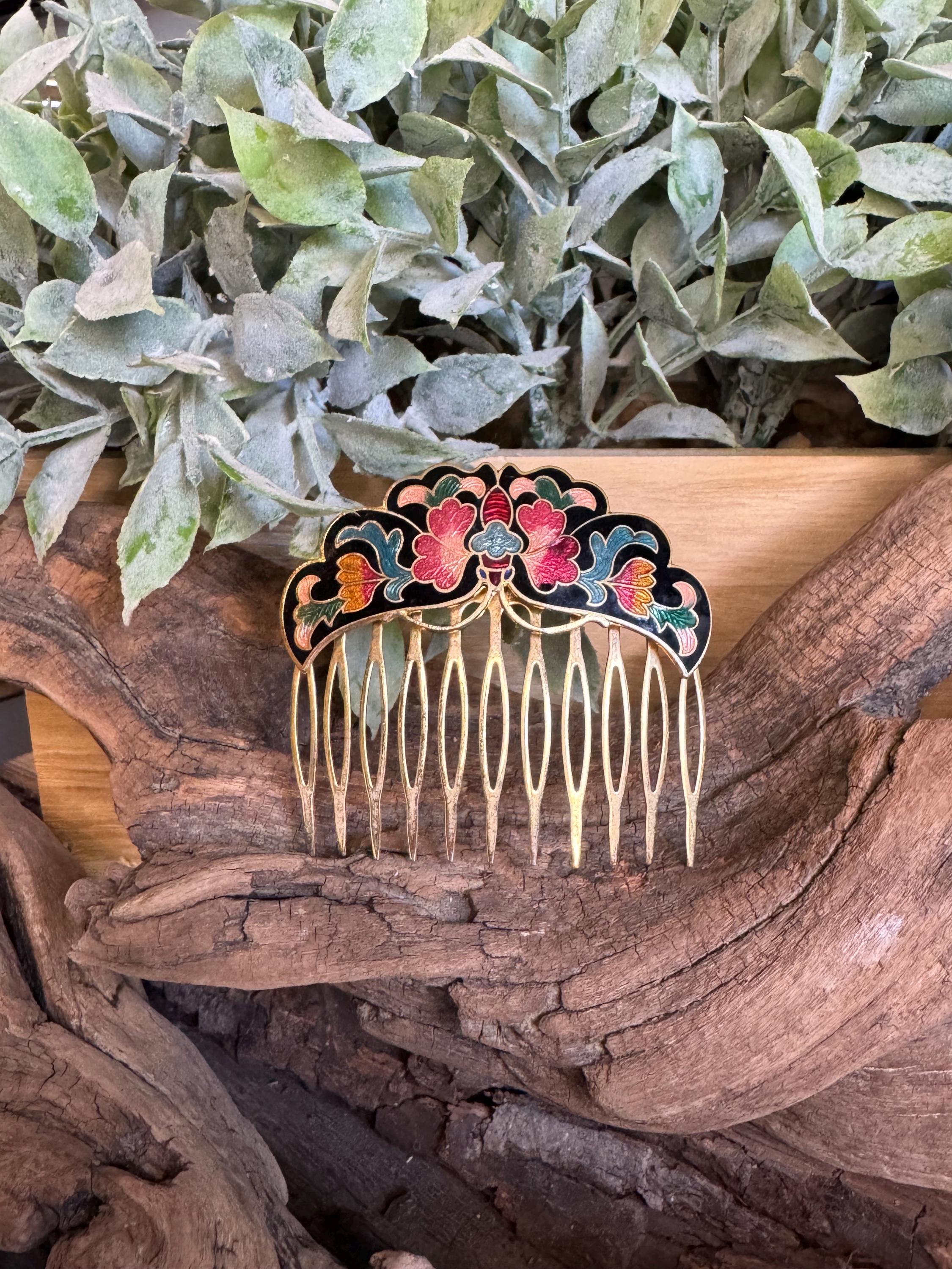 Vintage Cloisonné Enamel Floral Butterfly Hair Comb - Etsy