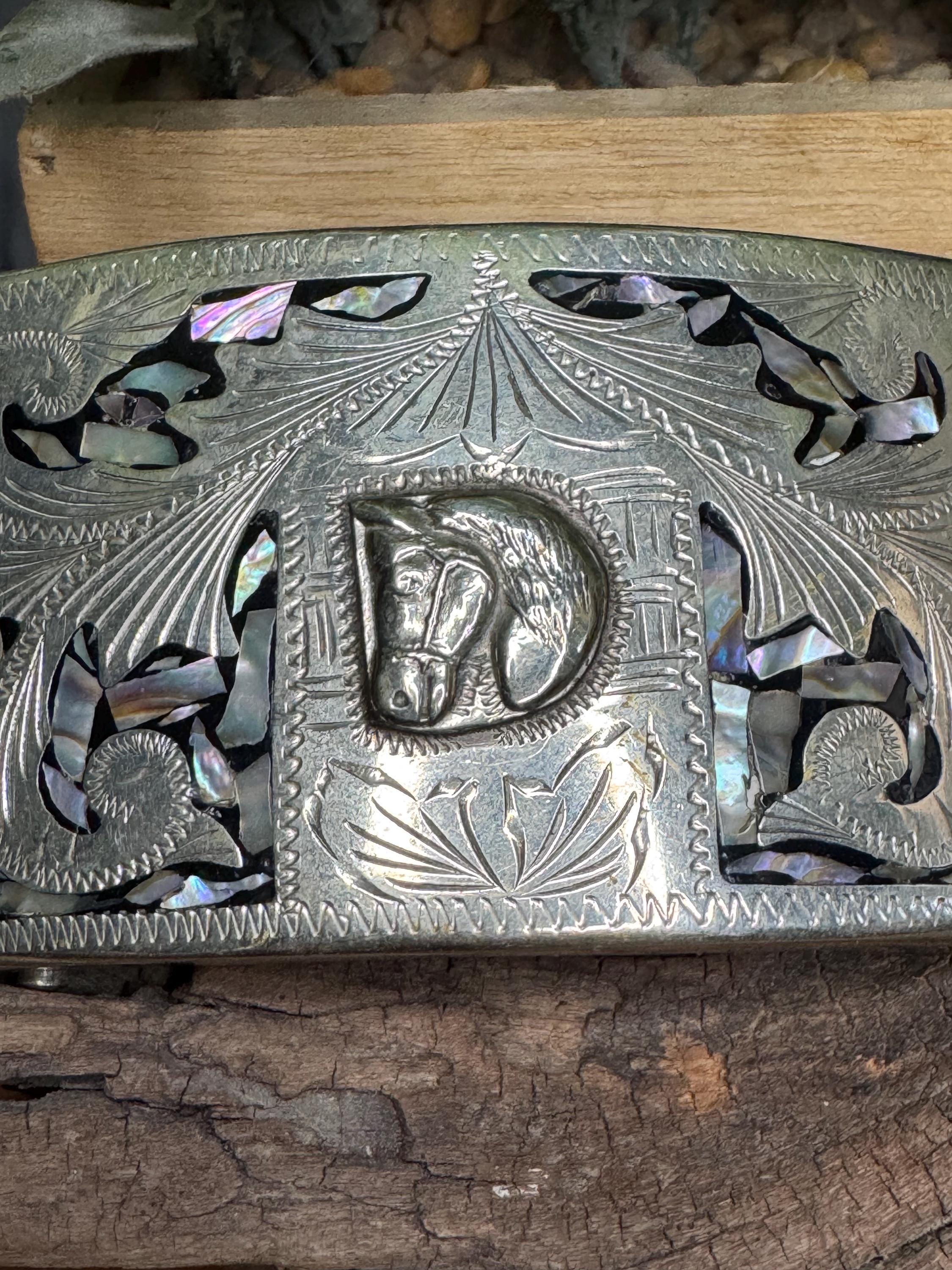 Alpaca Mexico Silver Mother of Pearl Inlay Horse Belt Buckle  display picture 2