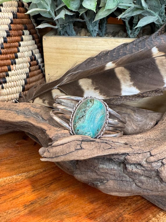 Sterling silver Malachite/turquoise split shank c… - image 1