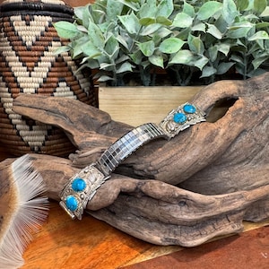 old Navajo Sterling artist signed turquoise stone watch tips with stretchy band