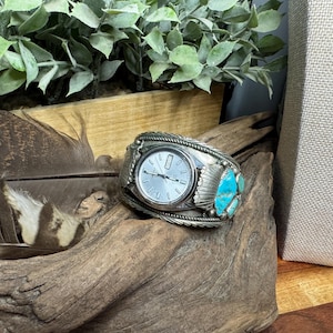 Heavy Sterling turquoise men’s watch cuff with 21 jewel seiko face