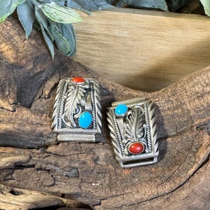Vintage STC Sterling signed mens turquoise & coral Navajo watch tips