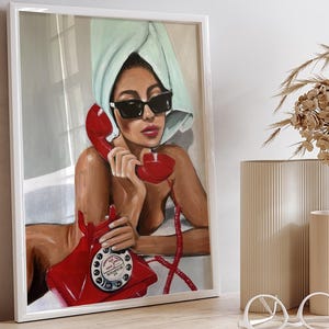 Woman on Couch with Phone | Soft Tonal Oil Painting | Cocktail Art Bar Cart Decor | Aesthetic Oil Painting Gift | Trendy Kitchen Wall