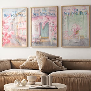 Juego de 3 impresiones del New York Times, arte mural rosa suave del New York Times, pósteres vintage del New York Times, portada de revista de Nueva York retro de moda.