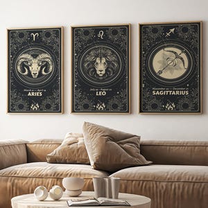 Signos del zodíaco Aries, Leo, Sagitario, elemento fuego, juego de cartas de astrología mística, pancarta del horóscopo con animales sobre fondo negro para historias