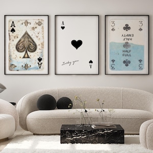 Trendy retro speelkaarten muurkunst set van 3, retro Lucky You poster, Blue Ace Card print, vintage speelkaart kunst aan de muur, digitale download