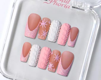 NailPhoria BLUSH KNIT - Handmade Press-On Nails | Reusable, Salon-Quality, Long-Lasting, Glossy Design