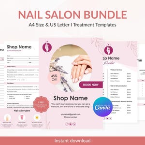 Nagelstudio Bundle-Vorlagen - Werbeflyer, Preisliste, Beratung-Formular, Rechnung, Behandlung Nachricht, Nach Pflege Karte, In Canva bearbeiten