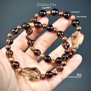 Tea-Brown Smoky Quartz Bracelet | Black Rosewood | Grounding Calm Healing Gemstone Unique Crystal Jewelry for Men & Women Stress Relief Gift