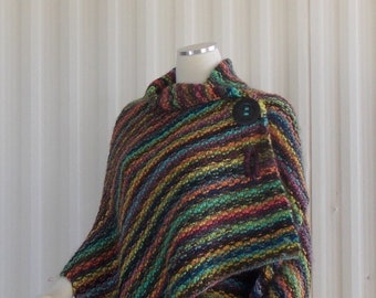 Hand Knit Shawl, Knitted Wrap, Knit Cape Merino Wool, Multi Color