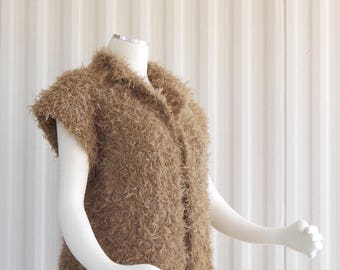Hand Knit Vest, Hand Knit Sweater Vest, Womens Sweater Vest Camel Curly Soft Mohair Accent Sweater Limited Edition