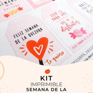 Può includere: Una collezione di etichette regalo stampabili con sfondo a righe rosa e bianche. Le etichette presentano frasi come "Feliz Semana de la Dulzura" e "Te Quiero" con illustrazioni di cuori e caramelle. È visibile anche il testo "KIT IMPRIMIBLE SEMANA DE LA DULZURA".