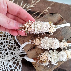 White flower crown Newborn tieback Floral Headband, Baby Girl Photo Prop, daisy headband, Rustic Baby Headband, Boho Newborn Accessories