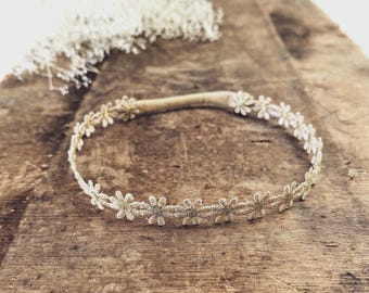 Doophoofdband met madeliefjeskant: beige bloemenkroon, babymeisje