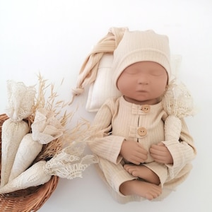 Newborn Photo Outfit: Jersey Romper, Hat, Felted Bunny - Easter Prop Set