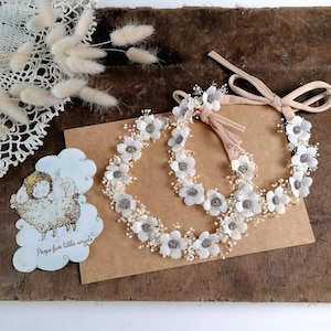 Diadema de flores blancas para bebé / Halo para atar para recién nacidos / Corona floral para bautizo / Accesorio bohemio para niña