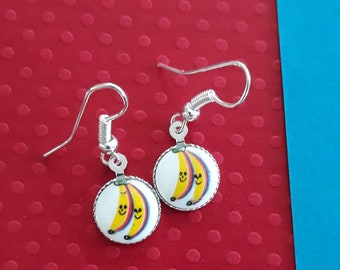 Don't Slip on a Banana Peel! Cute Silver Charm Pair of Smiling Bananas Earring Set- Kawaii