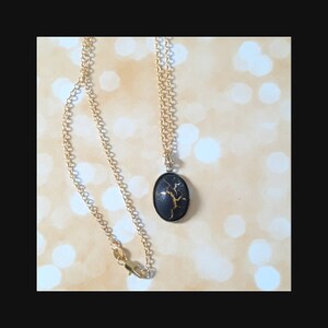 Egyptian  Revival is Calling! Black and Gold Crackle Cabochon Charm Necklace on Gold Plated Chain- Classic Hollywood Regency