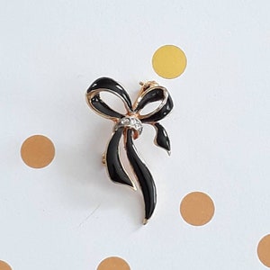 Black Magic Bow! Vintage Black Enamel, Gold & White Rhinestone Bow Pin- Pin Up Time!