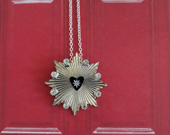 Silver and Rhinestones and Starburst- Oh My! Starburst Charm Necklace on a Sterling Silver Plated Chain- Mid Century Charm, Now!