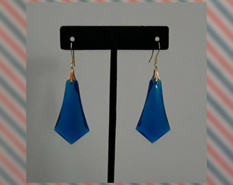 Sapphire Blue Art Deco Drops! Large Scale Blue Lucite Faceted Drop Earring Set with Golden Accents- A Mid Century Moment!